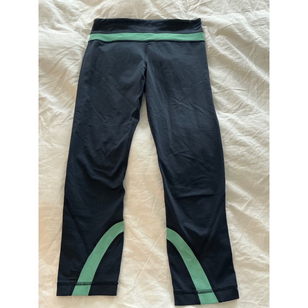 Lululemon Run Inspire Crop II‎ Navy Blue Mint Green Leggings Womens Size 4